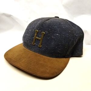 HUF Baseball Hat Cap faux leather brim gray brown